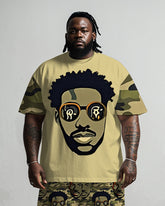 Men's Plus Size Street Fashion Camouflage Hip Hop Head Green Print T-Shirt Shorts Suit